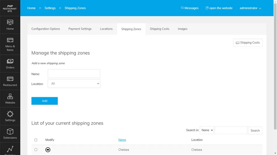 php restaurant site script shipping zones and costs