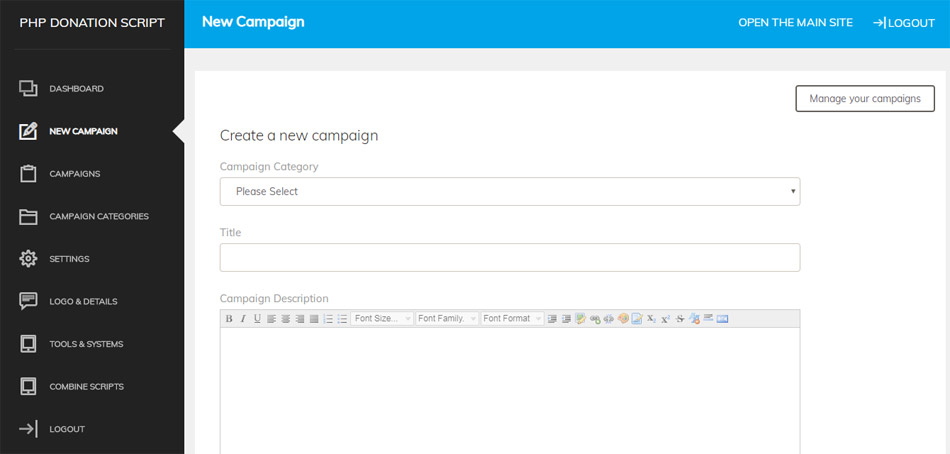 create new campaigns donations script