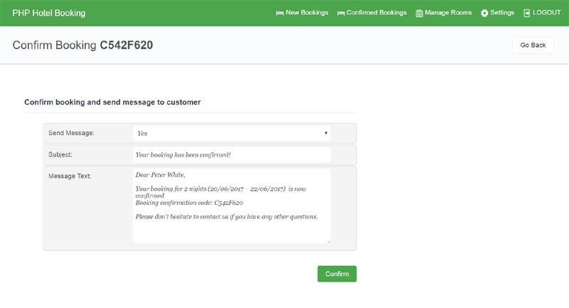 booking confirmation send messages php script