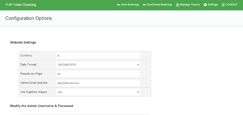php script settings management admin panel book rooms