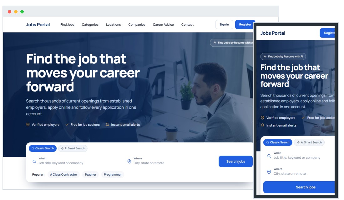 Jobs Portal on desktop, tablet and phone