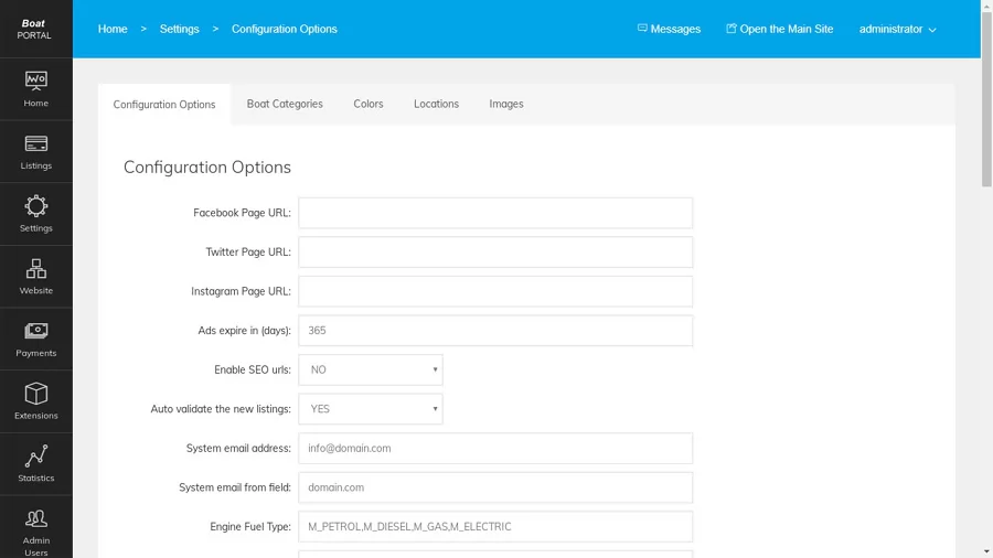 Portal de Barcos: Opções de configuração