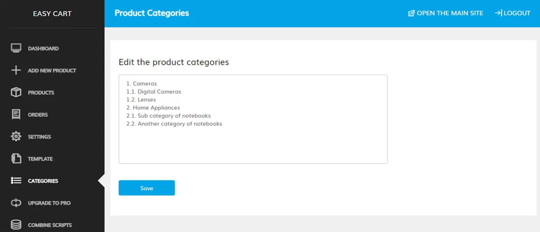 Carrinho Fácil: Edição das categorias de produtos