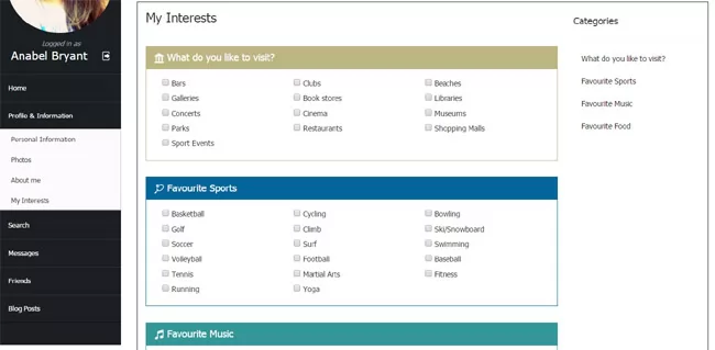 Site de Namoro PHP: Centros de interesse