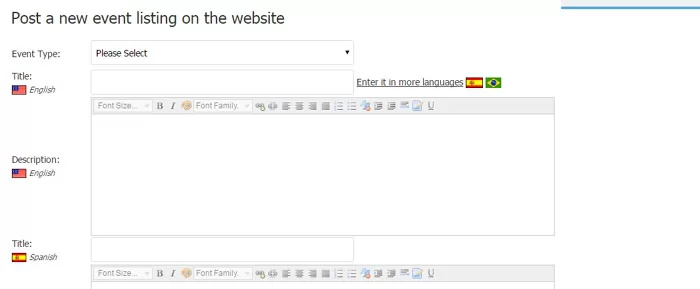 Nueva funcionalidad que permite ingresar la descripción del evento en varios idiomas