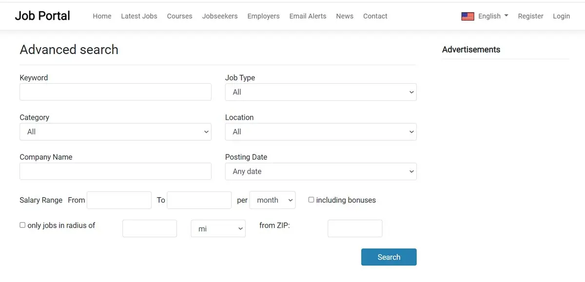 Portal de Empregos: Formulário de busca avançada