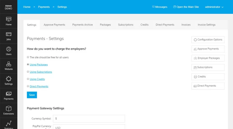 Portal de Empregos: Configurações de pagamento