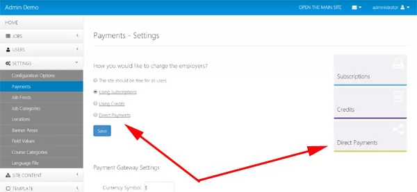 software de portal de empleo de opción de pagos directos