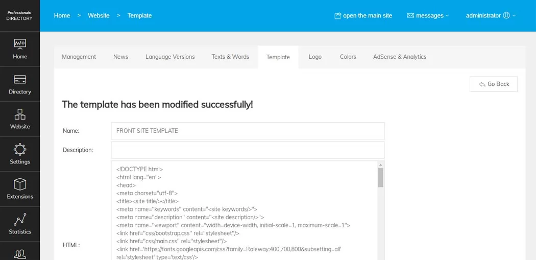 Annuaire de Professionnels: Édition des modèles du site