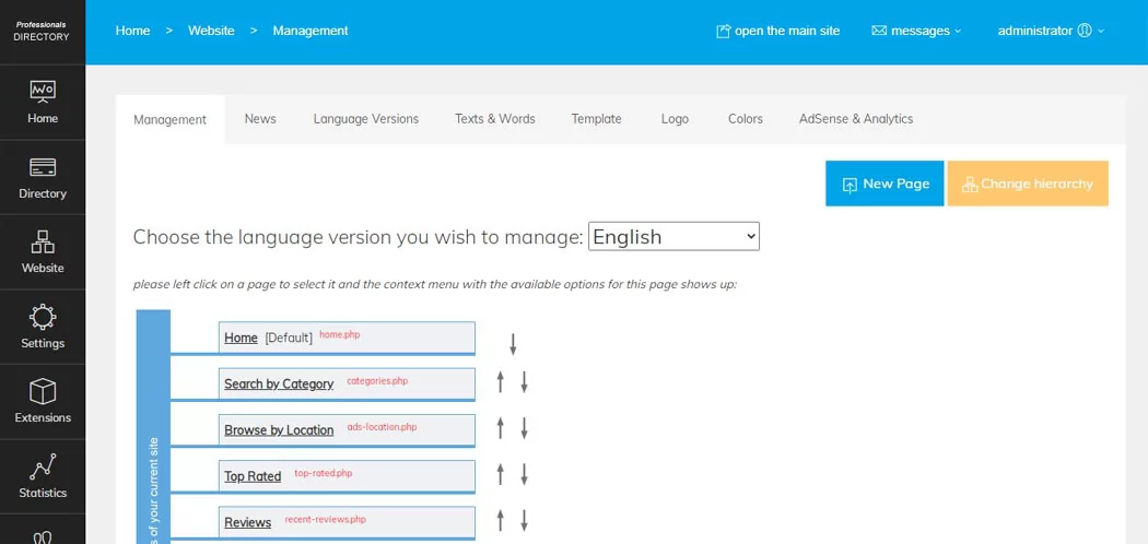 Gestiona la estructura y el contenido de la web