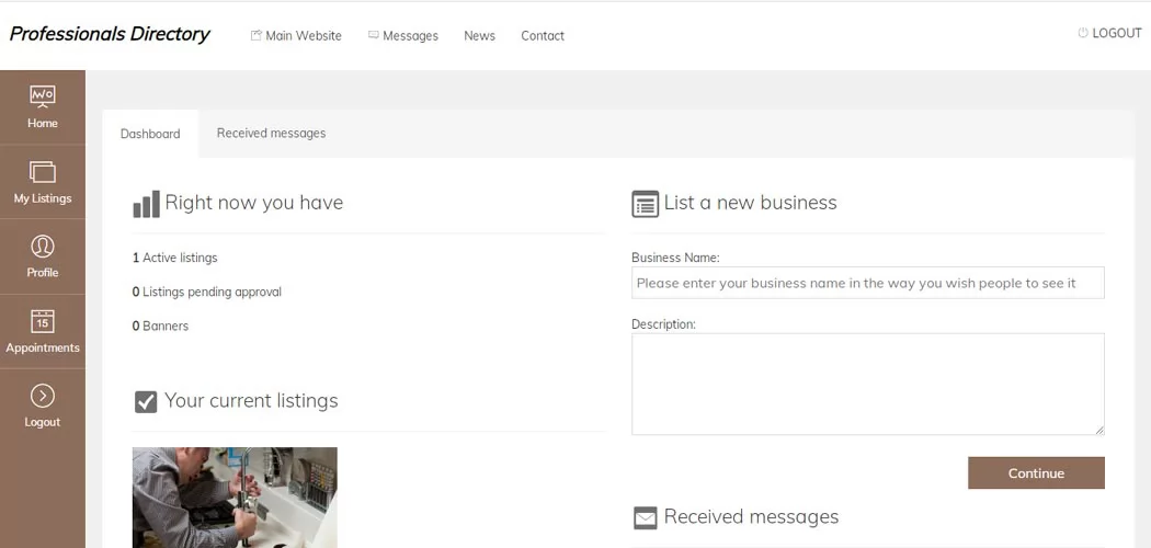 User administration panel
