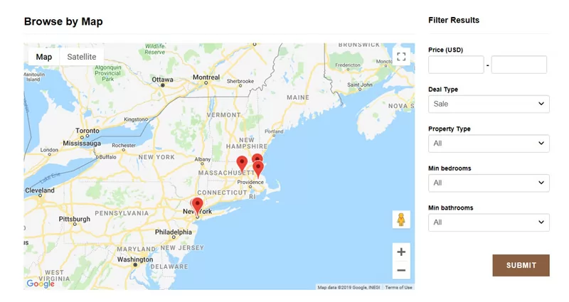 New functionality to browse and filter the properties by map