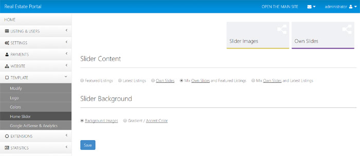 Portal Inmobiliario: Editando la configuración del control deslizante en la página de inicio