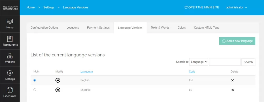 Marketplace de Restaurantes: Agregar versiones de idioma