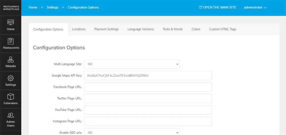 Marketplace de Restaurantes: Opciones de configuración