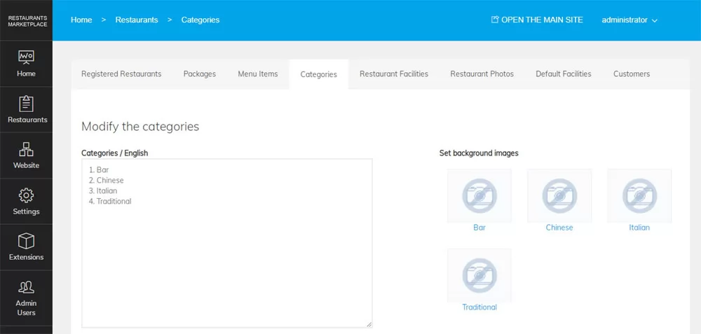 Marketplace de Restaurantes: Configuración de las categorías principales