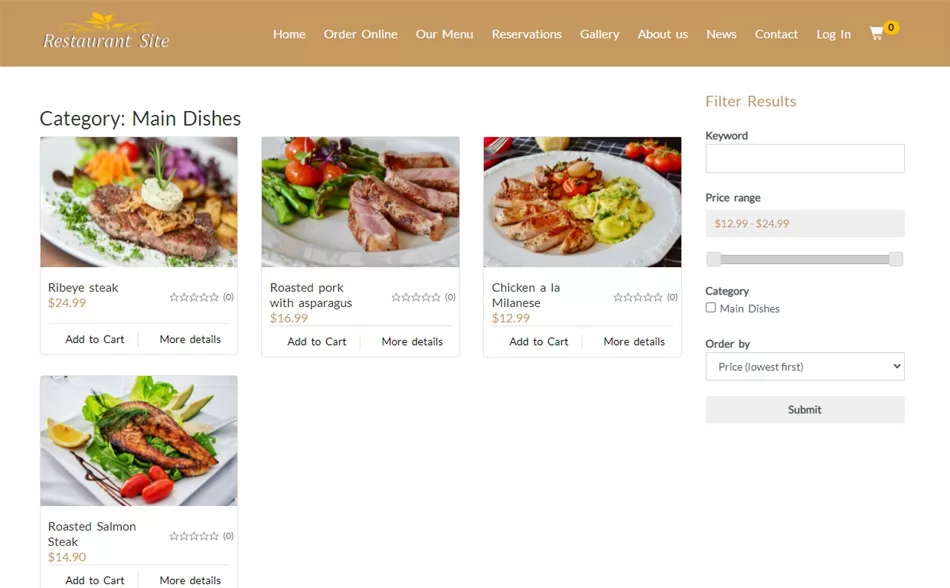 Sitio Web de Restaurante: Buscando una categoría de alimentos