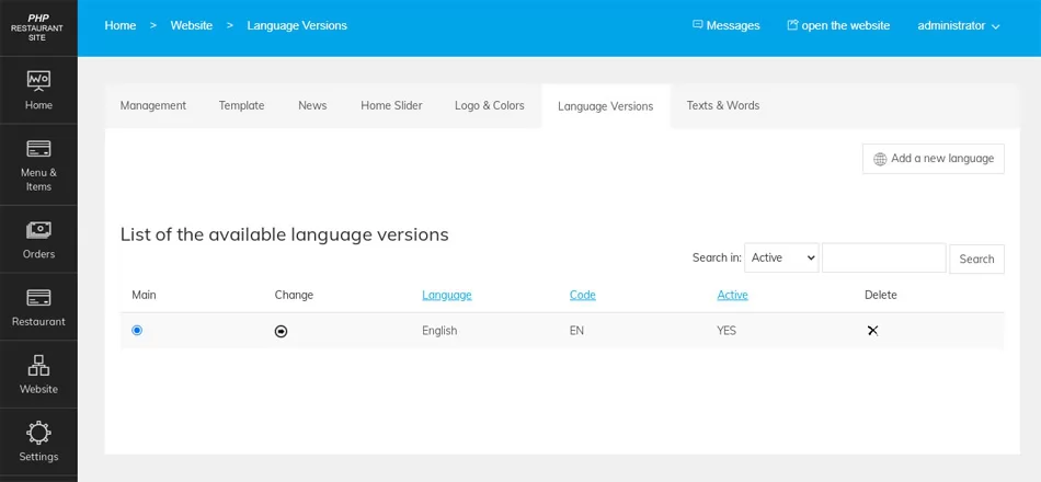 Sitio Web de Restaurante: Versiones de idioma