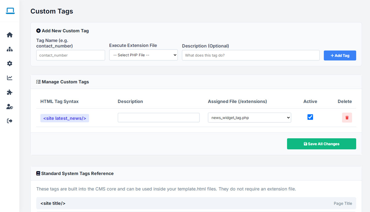 websiteadmin feature: dynamic content with custom tags
