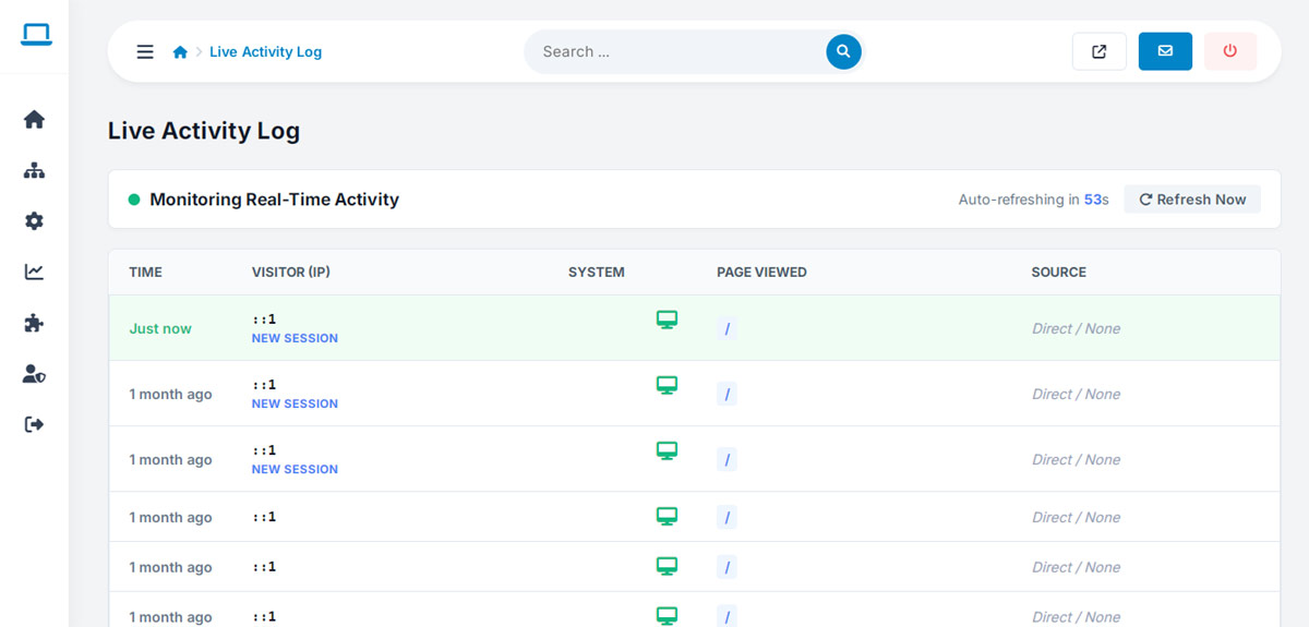 websiteadmin feature: real-time live activity monitoring