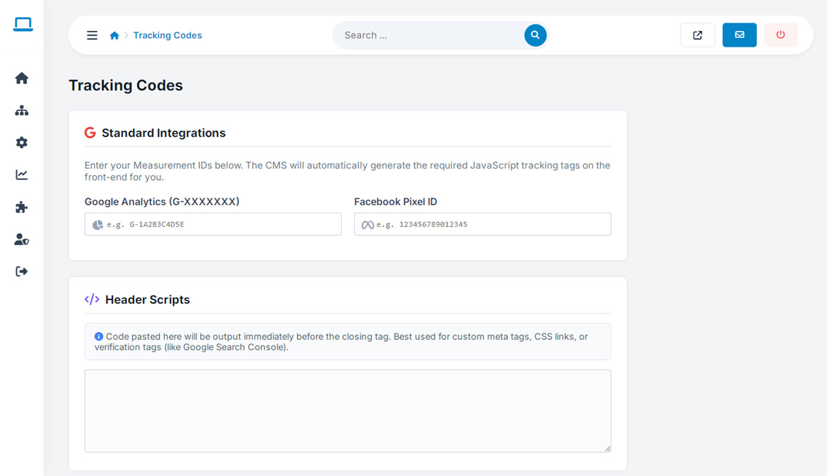 websiteadmin feature: built-in seo & tracking management